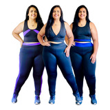 Kit 3 Conjuntos Fitness Feminino Plus Size Academia Suplex