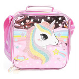 Lunchera Termica Escolar Metalizada Con Glitter De Unicornio