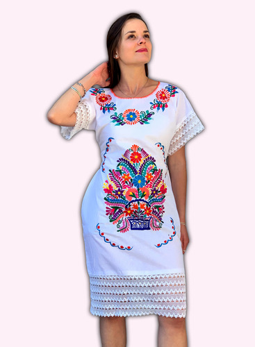 Maravilloso Vestido Bordado Casual Artesanal De Encaje