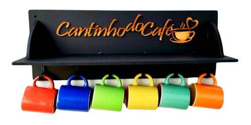 Suporte Pendurador Com Porta Canecas Prateleira Madeira Café