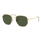 Óculos De Sol Ray-ban Round Hexagonal Flat Lenses Extra Large Armação De Aço Cor Gold, Lente Green De Cristal Clássica, Haste Gold De Aço - Rb3548n