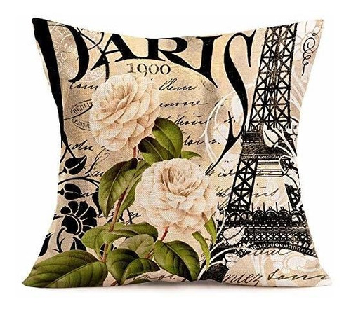 Cojín Decorativo Vintage París Torre Eiffel Con Flores Rosa.