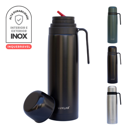 Garrafa Térmica Água Café Chá 1 Litro 100% Inox Não Quebra 36h Frio E 20h Quente Cor Preto Fosco - Luxlar