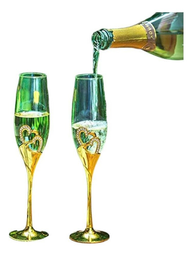 Set 2 Copas Champagne Dorado Corazon Brindis Boda