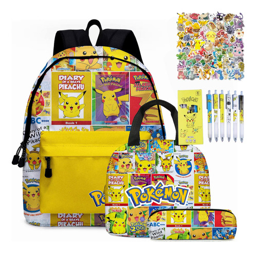 Mochila Escolar Pokémon Pikachu, Lonchera, 3 Unidades