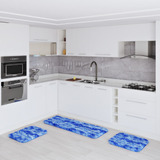 Jogo Kit Tapete Cozinha Anti Derrapante 3 Uni Mesclado Azul