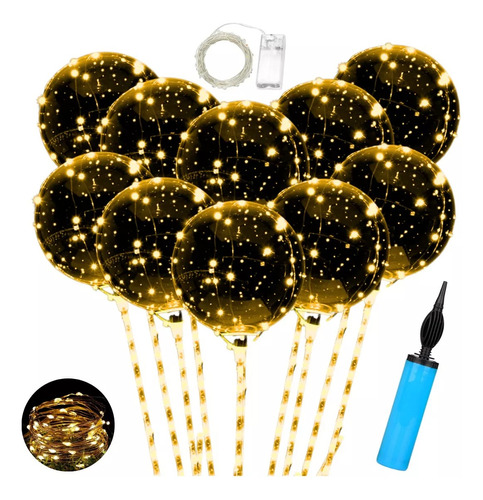 10 Globos Burbuja Cristal Led Luminoso Porta Palito Inflador