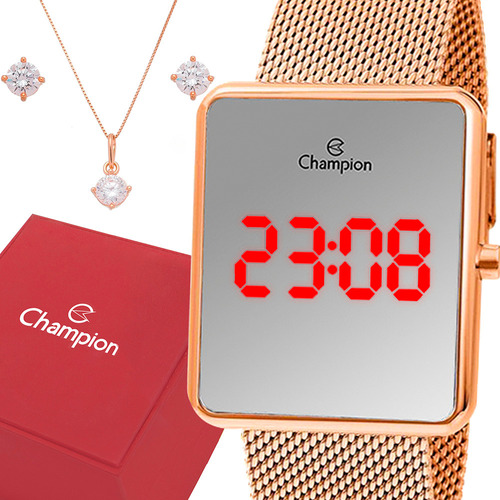 Relógio Digital Feminino Dourado Ou Rose Champion Espelhado 