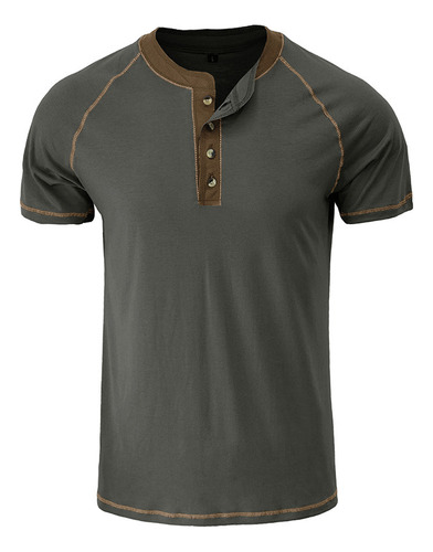 Camiseta Henley Shirt, Talla Grande, Cuello Redondo, Básica