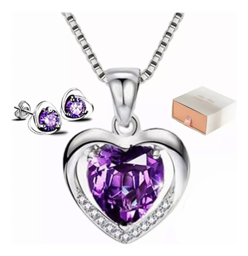 925 Plata Púrpura Cristal Corazón Colgante Collar De Mujer