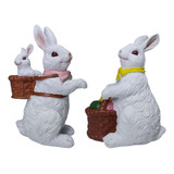 Casal Coelhos Com Cesta Decoração Páscoa Resina 16 Cm