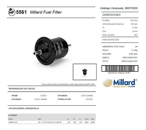 Filtro Gasolina Millard Mf5561 Hyundai Santa Fe 31911-3a000 Foto 4