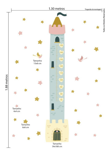 Adesivo De Princesas Régua De Crescimento Torre 188cm Cor Colorido