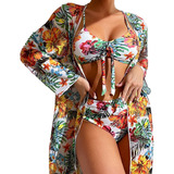 Conjunto Saidas Praia Mujer Kimono + Bikini Floral