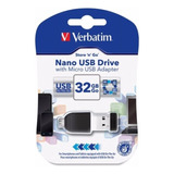 Pen Drive 32gb Nano Usb Con Adaptador Micro Usb Otg Verbatim