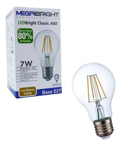 Ampolleta Led 7w Vintage E27 Luz Calida Megabright A60 3000k