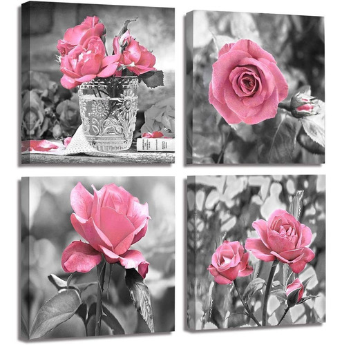 4 Paneles De Flores Rosadas Para Pared, Pinturas De Art...