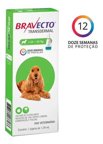 Antipulgas Bravecto Transdermal Cães 10 A 20kg - 500mg 