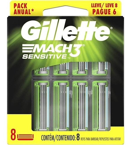 Carga Aparelho De Barbear Gillette Mach3 Sensitive 8 Unid