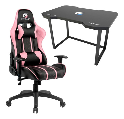 Kit Cadeira Gamer Giratória Reclinável Couro Pu Rosa + Mesa