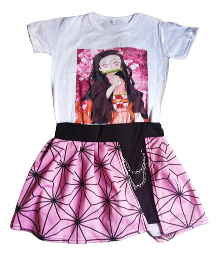 Conjunto Falda Short Con Camisa Nezuko Anime Moda Kawai 