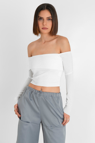 Crop Top Canalé De Escote Recto Con Doblez High Street