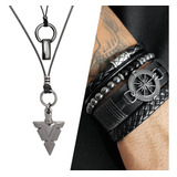 Pulseiras Masculinas Couro Kit C/04 Bússola + Colar Duplo