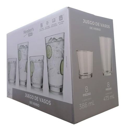 Juego Vasos De Vidrio Lisos 8 Pz 384ml + 8 Pz 473 Ml Color Transparente