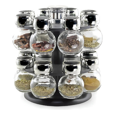 Good & Good Set De 16 Especieros De Vidrio Con Base Giratoria – Organizador De Especias 100 ml Con Tapa Dosificadora – Rack Moderno Para Cocina Negro | Meses sin interés