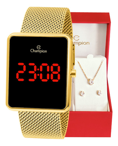 Relógio Champion Feminino Digital Dourado Quadrado Original