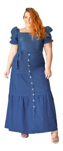 Vestido Longo Jeans Moda Evangélico Plus Size Manga Botão