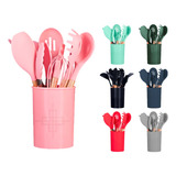 Jogo 11 Colheres Silicone Cabo Madeira Utensílios Cozinha Cor Rosa