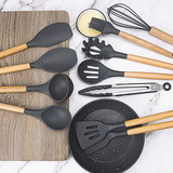 Merlink Kit 12 Utensílios De Cozinha Silicone Cabo Madeira Escumadeira Cor Preto