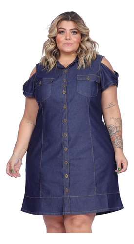 Vestido Jeans Plus Size Feminino Ombro Vazado S Lycra Casual