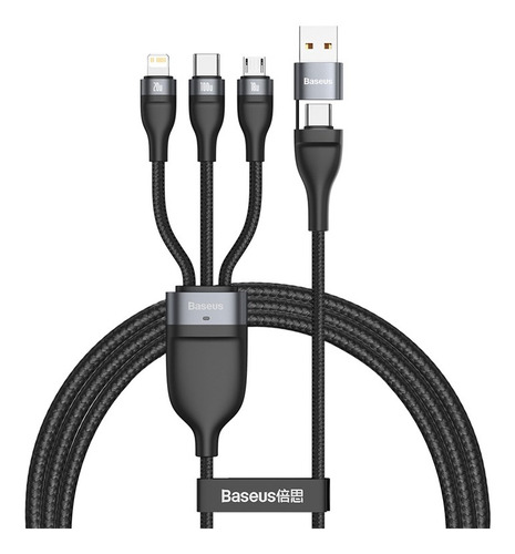 Cable Baseus 3 En 1 Conector Usb C Y Adaptador Usb-a ( Lightning / Micro Usb / Micro Usb ) Carga Rapida 100w De 1.2 Metros Color Negro Y Gris