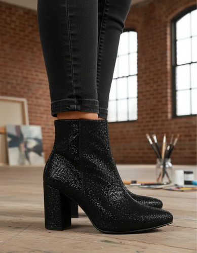 Bota Negra Brillos Con Tacon Comodo