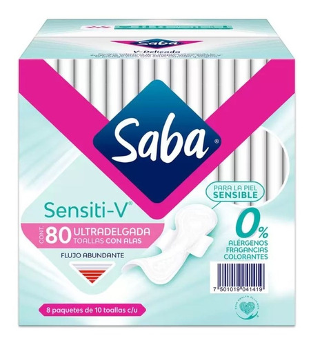 Saba Sensiti-v Toallas Femeninas 80 Pzs 8 Paquetes Con 10pz