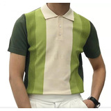 Camisa Manga Corta Solapa Punto Rayas Verde