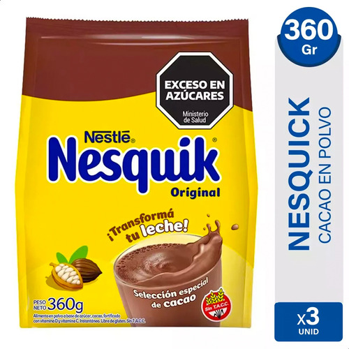 Nesquik Chocolate Cacao En Polvo Bebida Chocolatada Pack X3