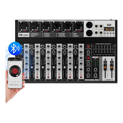 Mezclador Mixer De 6 Canales Yqalley Con 16 Efectos Dsp, Ecualizador De 7 Bandas, Bluetooth 5.0, Compatible Con Ios, Android Y Mp3, Alimentación Phantom 48v Y Monitoreo En Tiempo Real | Envío gratis