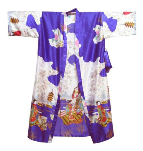 Kimono De Poliéster Longo Roxo Estampa Gueixa
