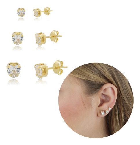 Kit 3 Pares De  Brincos Corações Zircônia Semijoia Ouro 18k