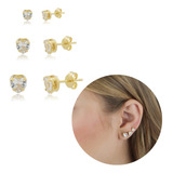 Kit 3 Pares De  Brincos Corações Zircônia Semijoia Ouro 18k