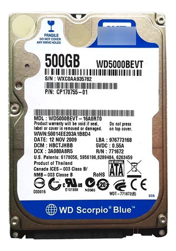 Disco Rigido Western Digital Wd Blue Wd5000bevt 500gb