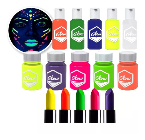 Kit De Maquillaje Artistico Glow Fluor Luz Negra X 15 Piezas