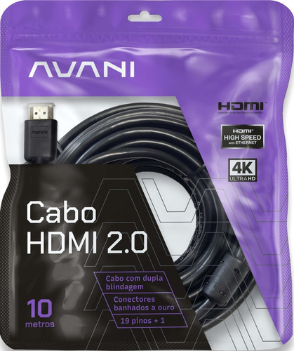 Cabo Hdmi 10m 2.0 19 Pinos Ethernet 3d 10 Metros 4k Ultra Hd