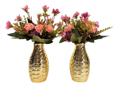 2 Vasos De Cerâmica Decorativo + Planta Artificial