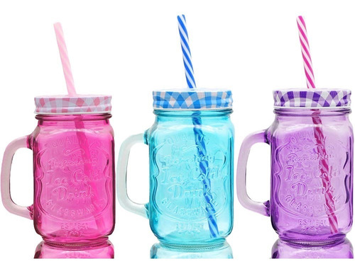 Mason Jar Frasco Tarro Colores Fiesta Popote 470 Ml - 6 Pzs