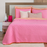 Edredón Ligero Con Pompones King Size + Fundas Real Textil Color Rosa/naranja Diseño De La Tela Lisa