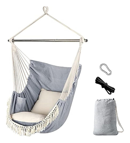 Hamaca Tipo Silla Colgante De Algodón Y Macramé, Gris-blanco